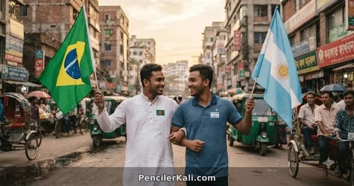 বিশ্বকাপ ফুটবলের উন্মাদনায় ভিন্ন দলের সমর্থকদের বন্ধুত্ব